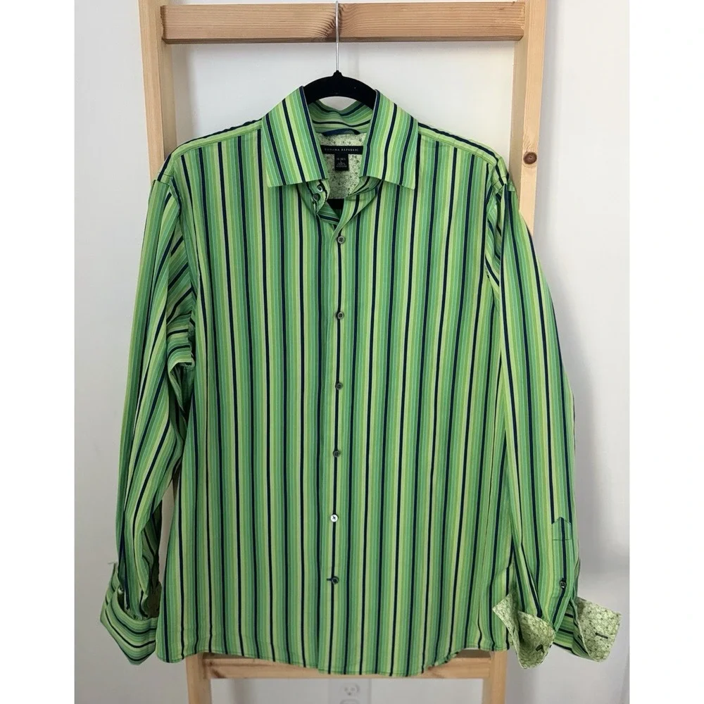 BANANA REPUBLIC MEN‎ DRESS SHIRT L 16-161/2 GREEN NAVY STRIPES FRENCH CUFF (B4)